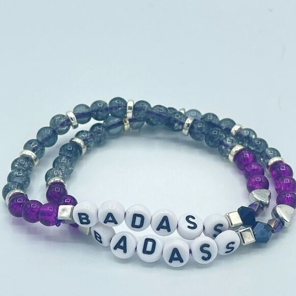 Badass spell out beaded stretch bracelet ONE NEW Stackable pearl beads silver to - Picture 4 of 7